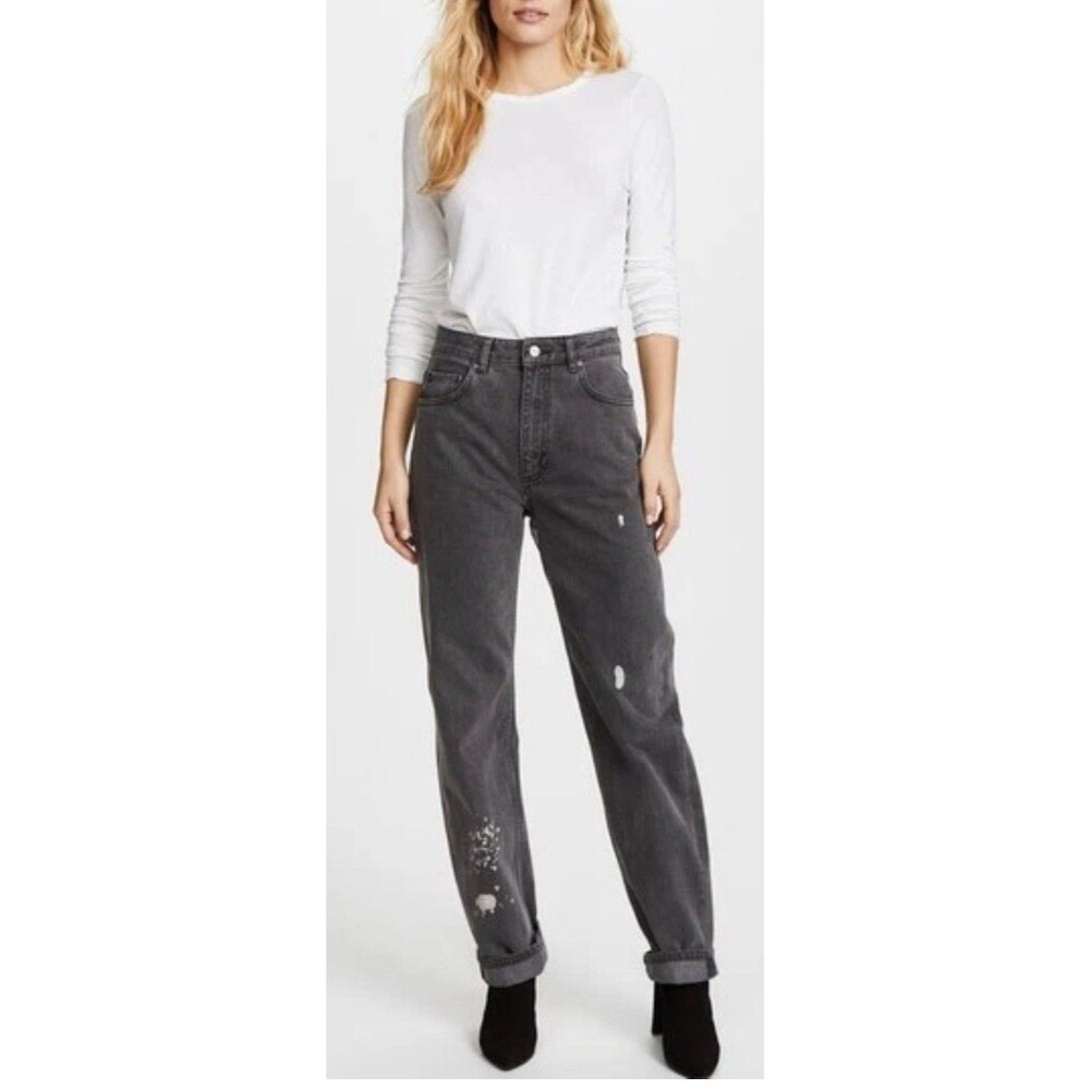Anine Bing Skylar Jeans Dark Gray Denim Bleach Paint Splatter 26